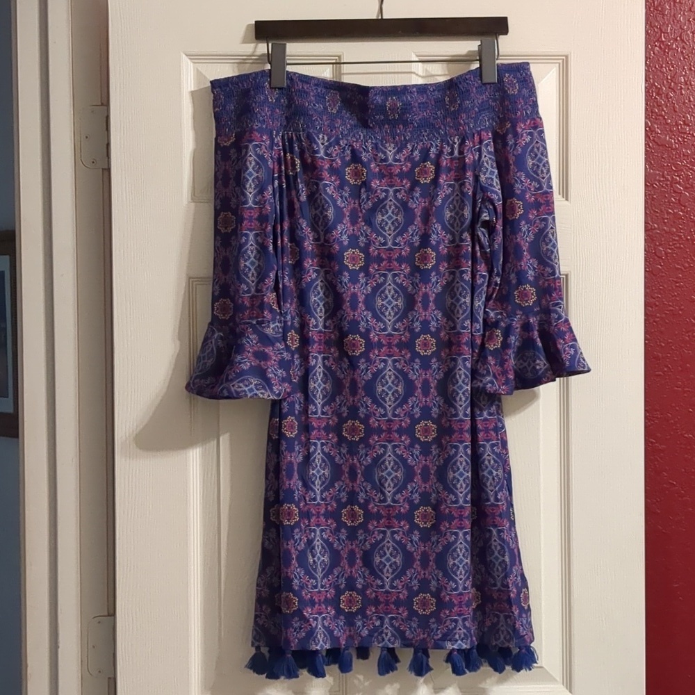 CABANA LIFE Blue/Pink Floral-Smocked Neck Off The Shoulder Dress Size L NWT